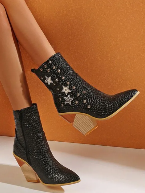Bottines femme en cuir jaune bout pointu talon épais bottillons imprimé peau de serpent