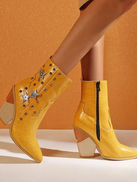 Bottines femme en cuir jaune bout pointu talon épais bottillons imprimé peau de serpent