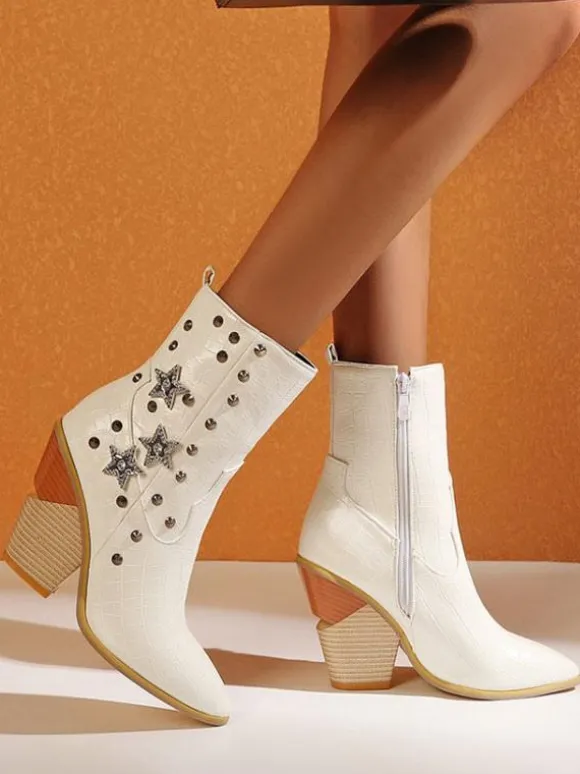 Bottines femme en cuir jaune bout pointu talon épais bottillons imprimé peau de serpent