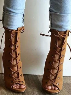 Bottines marron à talons hauts Peep Toe US 4-US13 Bottines en nubuck à lacets pour femmes