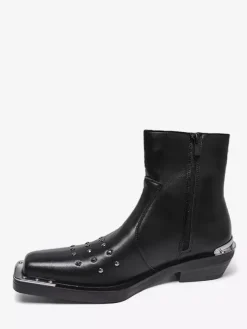 Bottines noires à bout carré et talon compensé clouté pour hommes