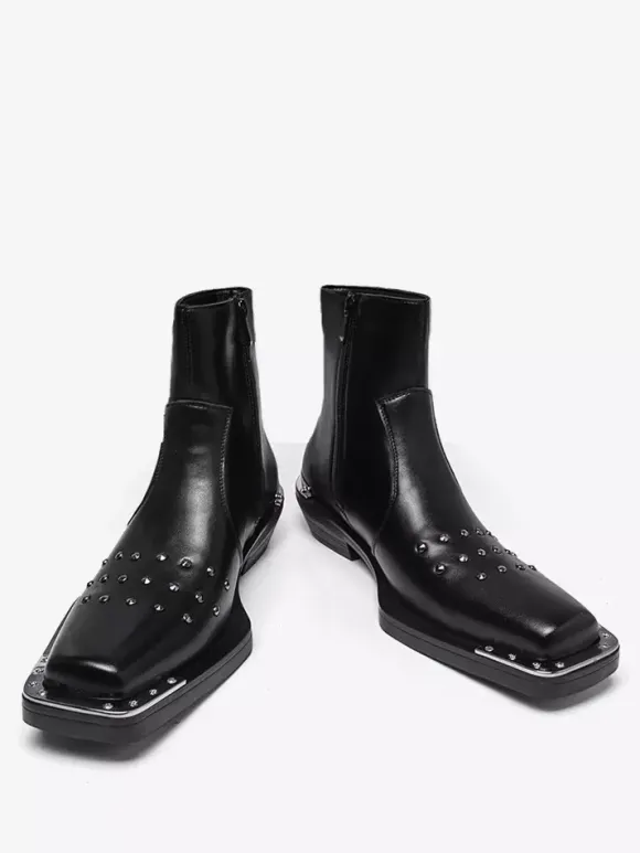 Bottines noires à bout carré et talon compensé clouté pour hommes