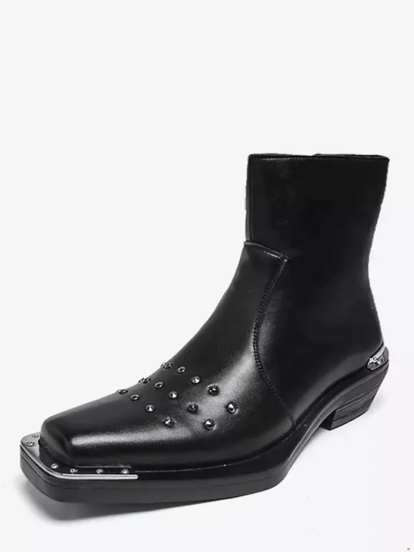 Bottines noires à bout carré et talon compensé clouté pour hommes