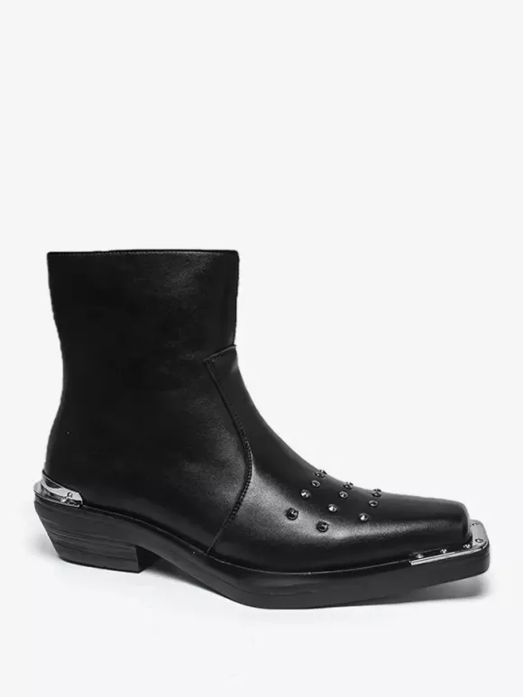 Bottines noires à bout carré et talon compensé clouté pour hommes
