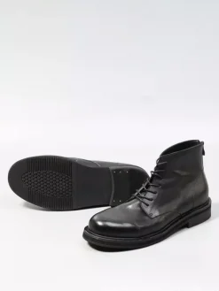 Bottines noires en cuir véritable bout rond lacets et fermeture éclair