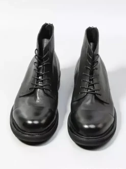 Bottines noires en cuir véritable bout rond lacets et fermeture éclair