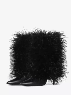 Bottines noires grande taille à talons hauts et bout pointu en fausses plumes
