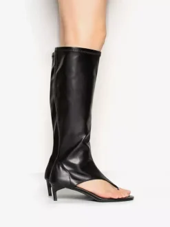 Bottines noires mi-mollet à bout ouvert et talon chaton style tong pour femmes