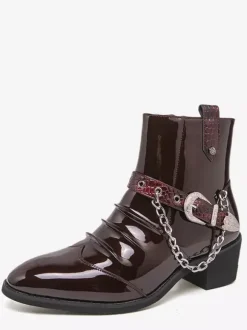Bottines noires pour homme bout rond froncées avec détail chaîne