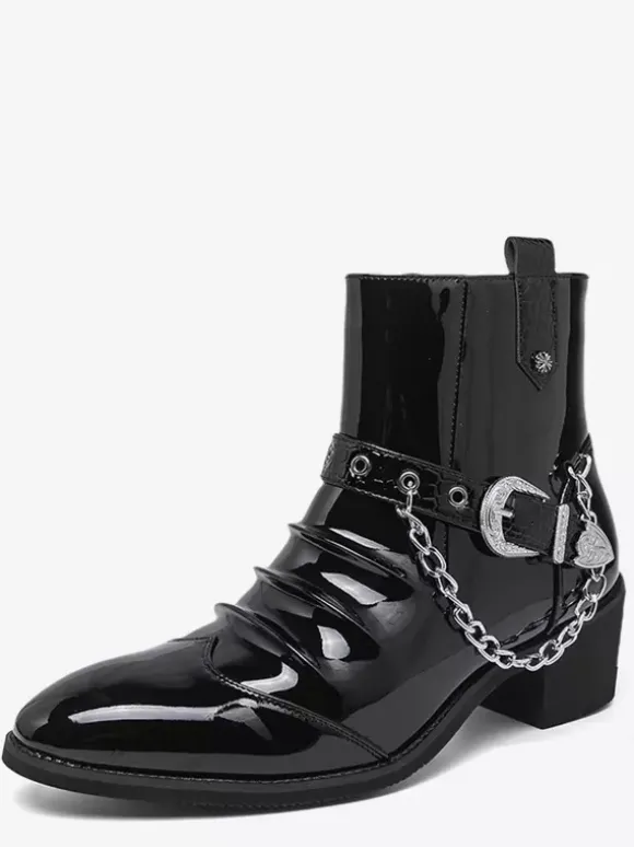 Bottines noires pour homme bout rond froncées avec détail chaîne