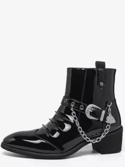 Bottines noires pour homme bout rond froncées avec détail chaîne