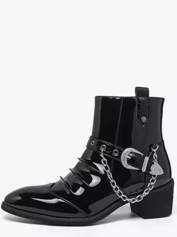 Bottines noires pour homme bout rond froncées avec détail chaîne