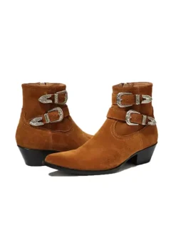 Bottines noires pour homme bout rond boucle talon épais style cowboy