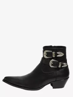 Bottines noires pour homme bout rond boucle talon épais style cowboy