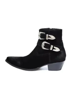 Bottines noires pour homme bout rond boucle talon épais style cowboy