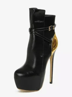 Bottines noires sexy à plateforme bout rond et talon haut avec boucle