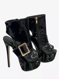 Bottines noires sexy à plateforme bout ouvert et boucle talons hauts