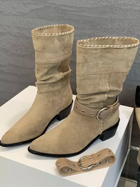 Bottines plates en daim pour femmes bout pointu avec boucle
