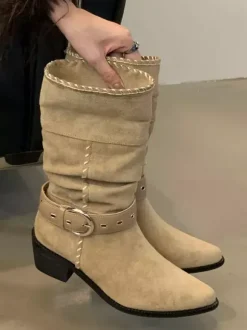Bottines plates en daim pour femmes bout pointu avec boucle