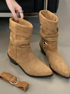 Bottines plates en daim pour femmes bout pointu avec boucle
