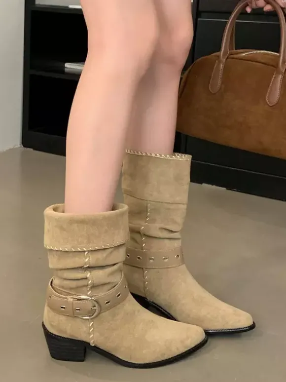 Bottines plates en daim pour femmes bout pointu avec boucle