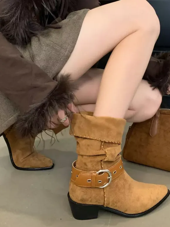 Bottines plates en daim pour femmes bout pointu avec boucle