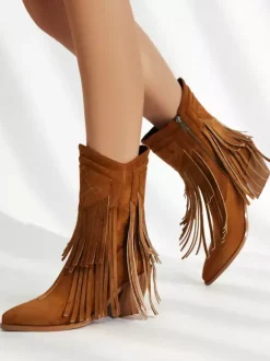 Bottines pour femme en daim à bout pointu style cowgirl avec pompons
