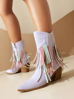 Bottines pour femme en daim à bout pointu style cowgirl avec pompons