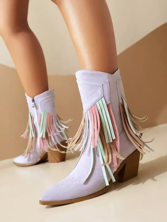 Bottines pour femme en daim à bout pointu style cowgirl avec pompons