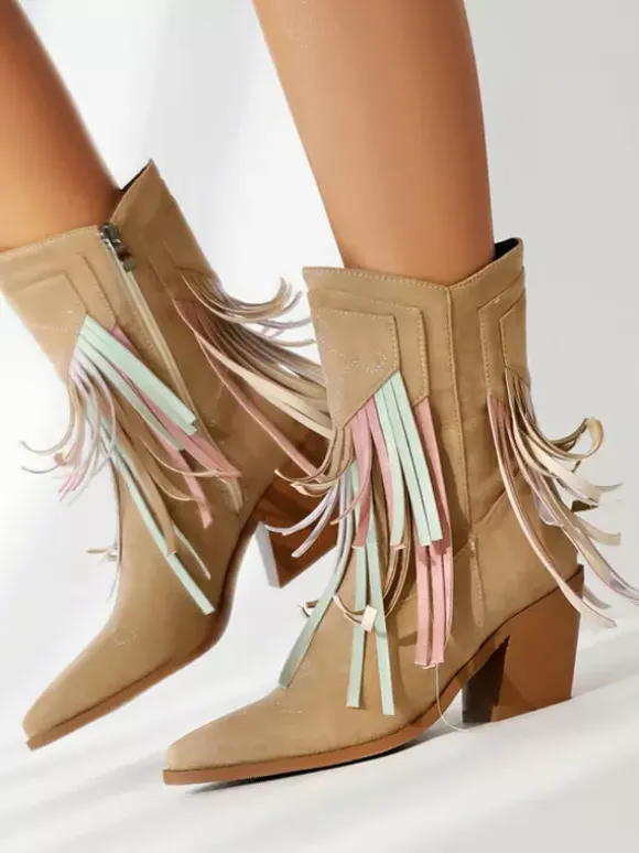 Bottines pour femme en daim à bout pointu style cowgirl avec pompons