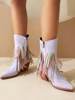Bottines pour femme en daim à bout pointu style cowgirl avec pompons