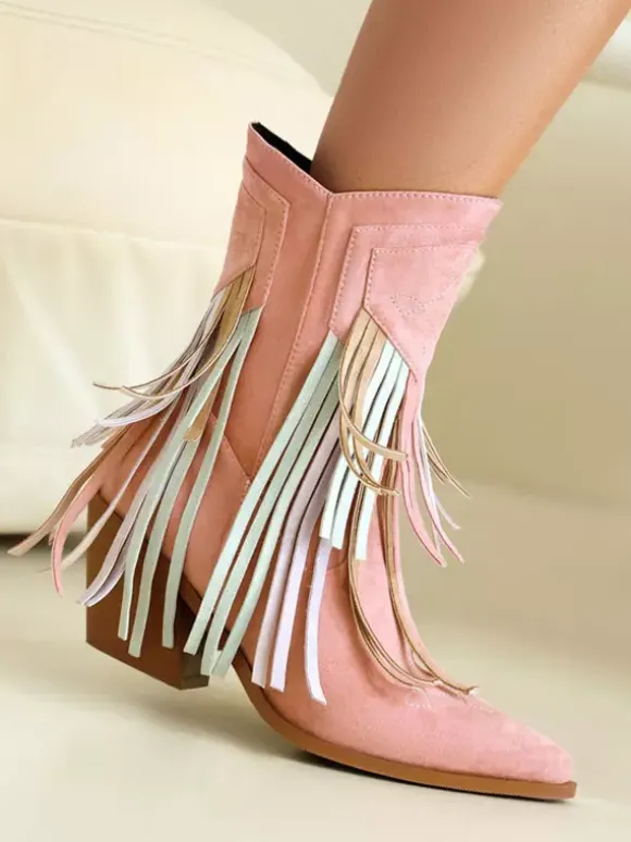 Bottines pour femme en daim à bout pointu style cowgirl avec pompons