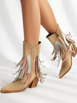 Bottines pour femme en daim à bout pointu style cowgirl avec pompons