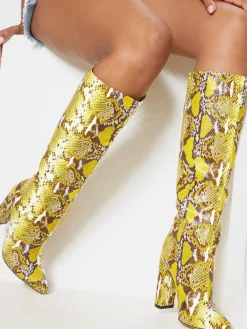Bottines pour femmes  bout pointu  talon épais  bottes au genou en cuir PU jaune