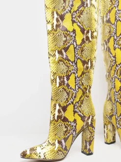 Bottines pour femmes  bout pointu  talon épais  bottes au genou en cuir PU jaune