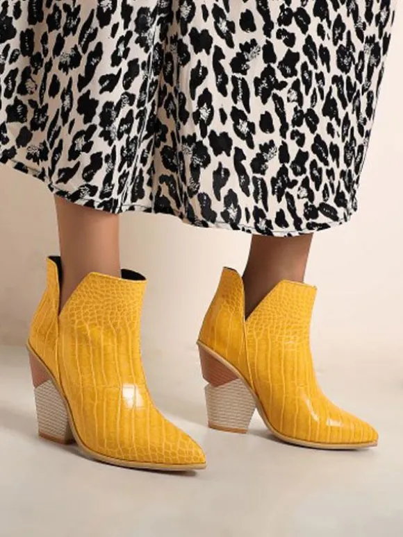 Bottines pour femmes en cuir bleu bout pointu talon épais bottines à imprimé peau de serpent