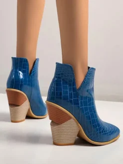 Bottines pour femmes en cuir bleu bout pointu talon épais bottines à imprimé peau de serpent