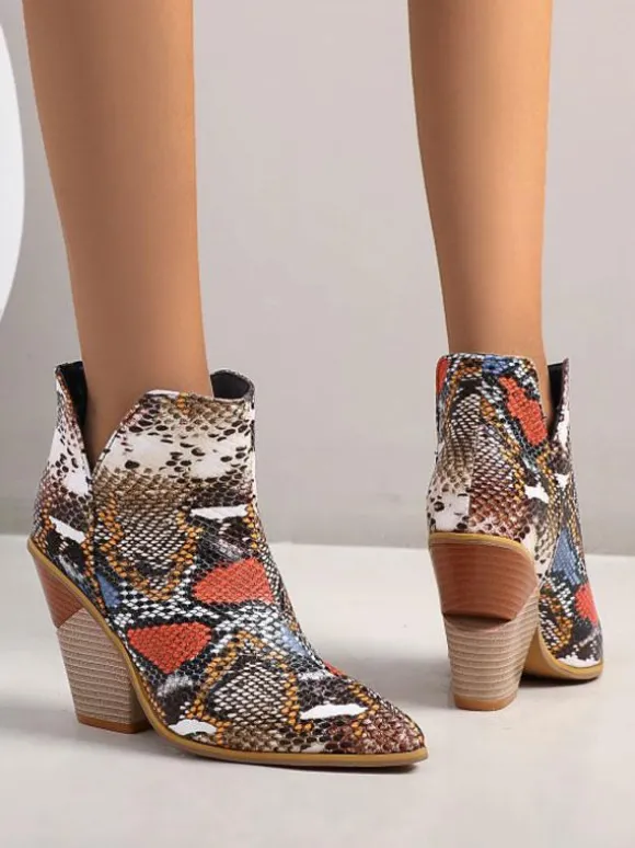 Bottines pour femmes en cuir bleu bout pointu talon épais bottines à imprimé peau de serpent