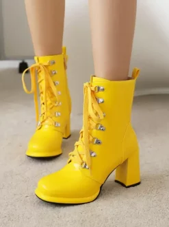 Bottines rouges à bout rond et talon épais pour femmes