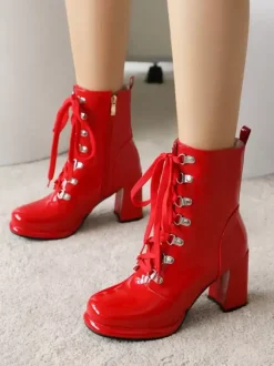 Bottines rouges à bout rond et talon épais pour femmes