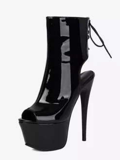 Bottines sandales noires à plateforme et bout ouvert lacets et fermeture éclair style sexy