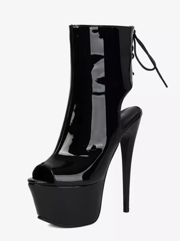 Bottines sandales noires à plateforme et bout ouvert lacets et fermeture éclair style sexy