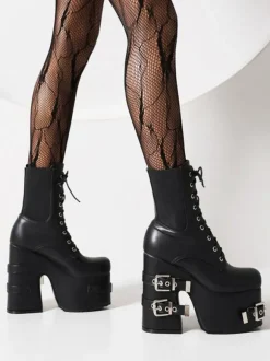 Bottines sans talons à bout rond en cuir PU avec détails métalliques pour femmes