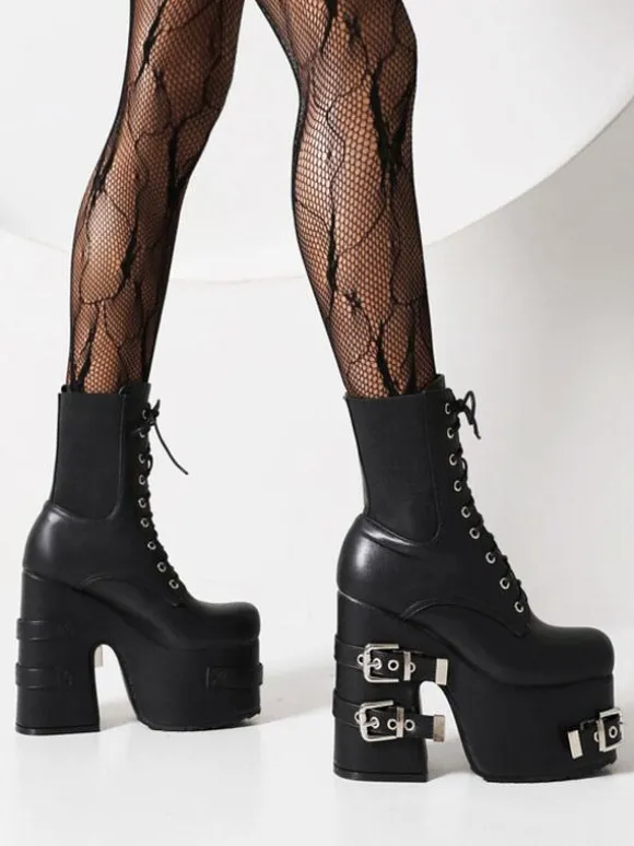 Bottines sans talons à bout rond en cuir PU avec détails métalliques pour femmes