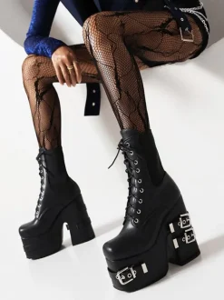 Bottines sans talons à bout rond en cuir PU avec détails métalliques pour femmes