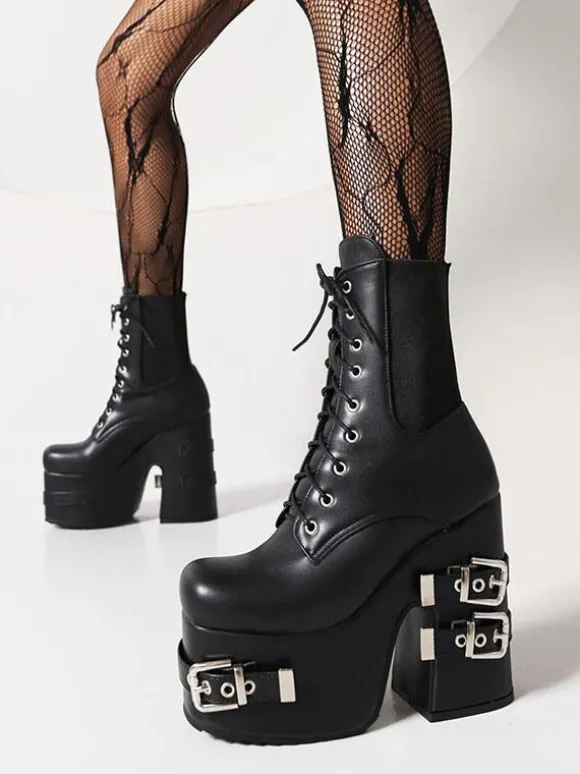Bottines sans talons à bout rond en cuir PU avec détails métalliques pour femmes