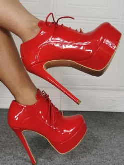 Bottines sexy femme bleu talon haut plateforme à lacets en PU verni