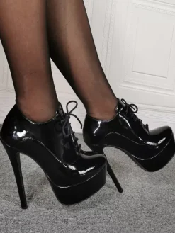Bottines sexy femme bleu talon haut plateforme à lacets en PU verni