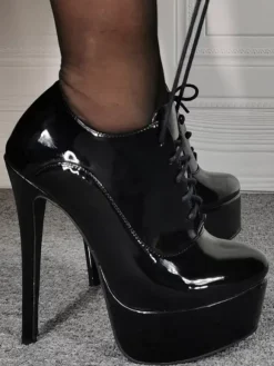 Bottines sexy femme bleu talon haut plateforme à lacets en PU verni