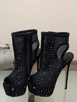 Bottines sexy pour femmes plateforme en résille bout ouvert strass talons hauts